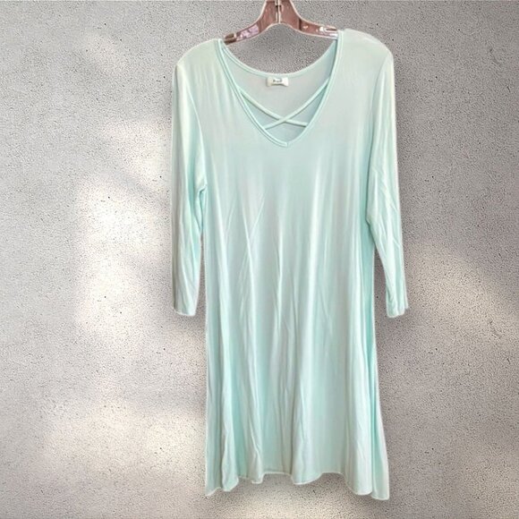 PIKO Aqua sz M Bamboo T-Shirt Dress Crisscross V-neck Long Sleeves A-line Tunic - Picture 1 of 6